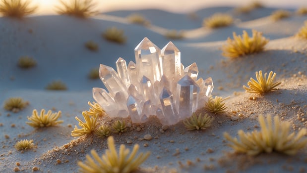 Quartz Crystal Cluster in Sandy Landscape with Small Green Plants photo