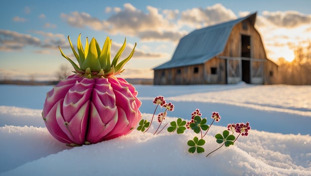 Unique Flower in Snow with Rustic Barn Landscape at Sunset photo
