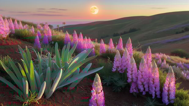 Lupine Flowers Blooming on Hills at Sunset with Moon Rising photo
