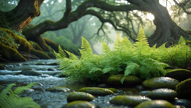 Flowing Stream and Ferns in Lush Green Forest Landscape Scenery photo