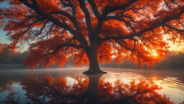 Majestic Tree Standing in Lake with Colorful Autumn Foliage Reflection photo