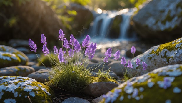 Purple Flowers Growing Near Waterfall Over Rocks in Nature Setting photo