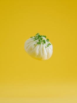 Steamed Dumpling with Parsley on Yellow Background photo