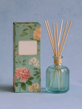 Reed Diffuser with Floral Box on Light Blue Surface photo