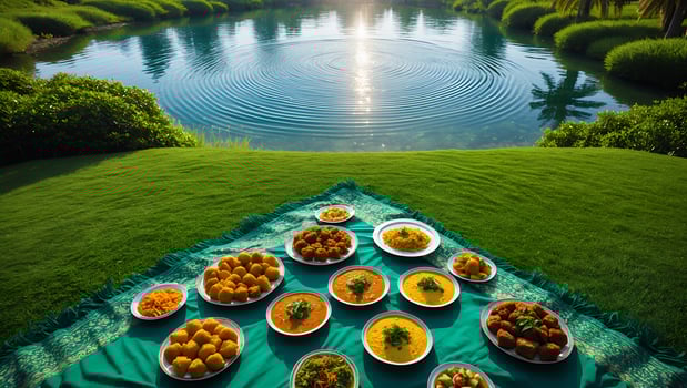 Picnic with Assorted Dishes on Blanket Near Calm Lake Landscape photo