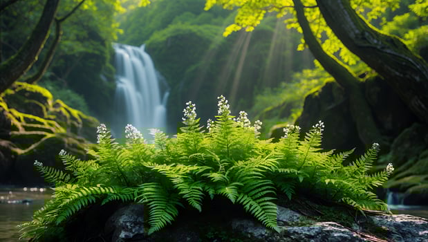 Ferns and Wildflowers Grow Near Flowing Waterfall in Lush Forest photo