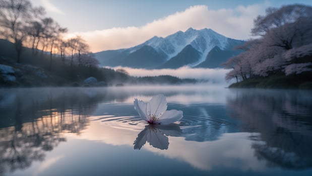 Floating Blossom Reflecting in Calm Lake with Distant Snowy Mountains photo