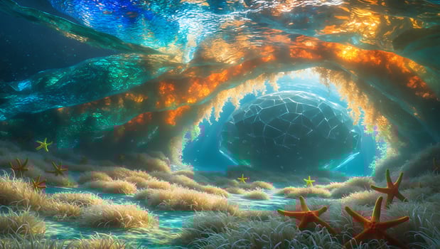 Exploring Underwater Grotto with Starfish and Sunlit Rock Formation photo