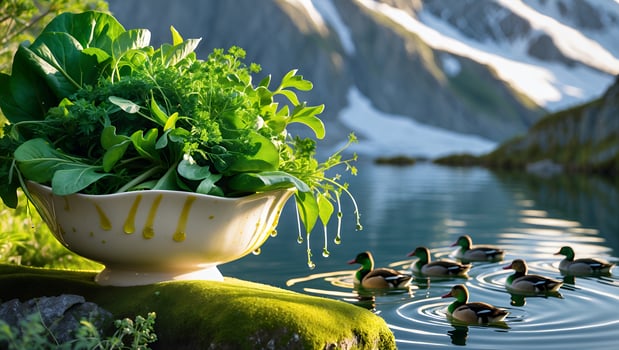 Green Bowl with Fresh Greens Overlooking Mountain Lake and Ducks photo