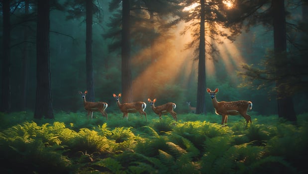 Deer Grazing in Sunlit Forest Meadow Among Ferns and Tall Trees photo