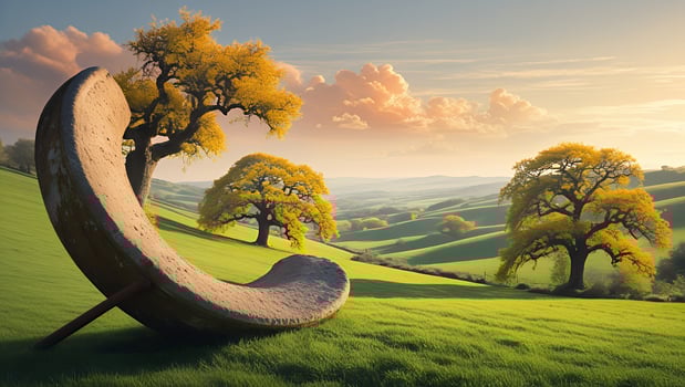 Scenic Green Landscape with Rolling Hills and Unique Stone Feature photo
