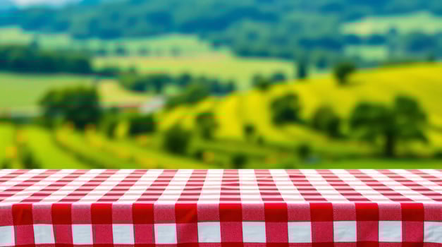 Tablecloth on the table with a view of the countryside photo