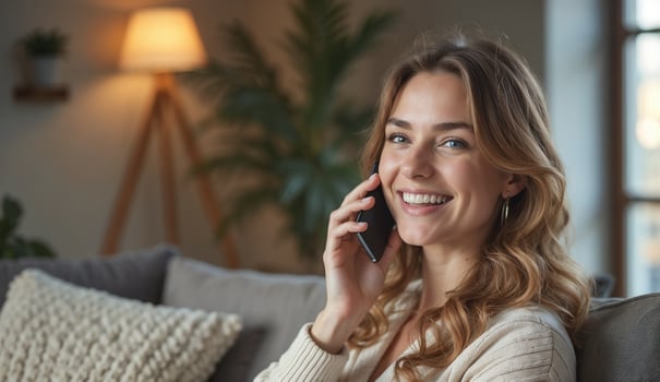 A woman is smiling while talking on her cell phone photo