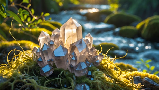 Crystals Growing on Moss by River with Golden Sunlight Streaming photo