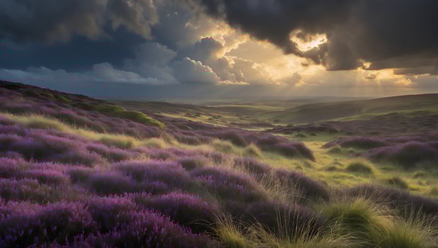 Purple Heather Field Under Dramatic Sky with Sun Rays Landscape photo