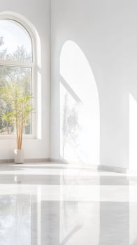 Serene Minimalist Interior with Arched Window, Bright Sunlight, and a Potted Plant. Elegant White Room with Reflective Marble Floor and Soft Shadows. photo