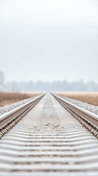 Captivating View Endless Railway Tracks Vanishing into a Misty Horizon, Evoking a Serene Journey Through a Vast Rural Landscape Under an Overcast Sky. photo