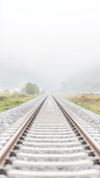 Serene Railway Tracks Disappearing into the Enveloping Mist, a Poetic Vision of Infinite Journeys and Tranquil Landscapes on a Foggy Morning photo