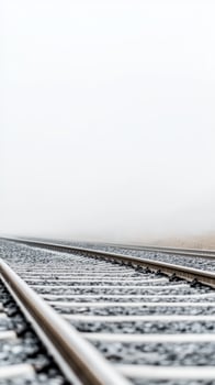 Ethereal Railway Tracks Vanishing into a Dense Foggy Horizon, a Serene and Mysterious Path Leading into the Unknown Distance photo