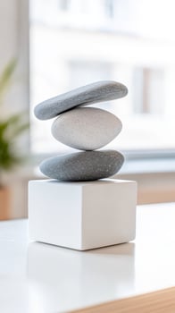 Serene Stone Balance A Zen Stack of Grey and White Pebbles Symbolizing Inner Peace and Tranquility in a Minimalist Indoor Setting. photo