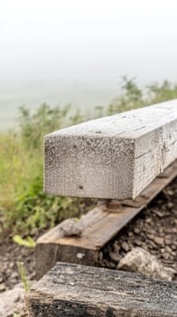 Intricate frost crystals adorn a weathered wooden beam on a crisp morning, revealing nature's delicate artistry and winter's serene embrace. photo