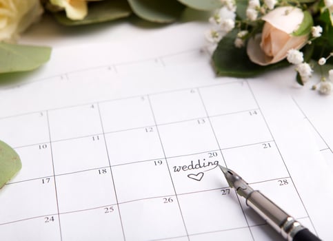 Wedding calendar with pen writing text on planning date on background with roses photo