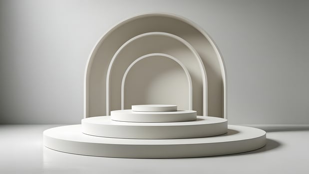 Minimalist white stage with concentric arches and circular podiums for product display photo