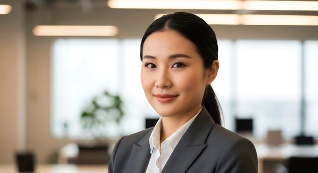 Confident young businesswoman in modern office setting with bright natural light photo