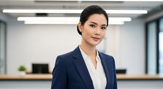 Confident businesswoman in blue suit standing in modern bright office interior space photo