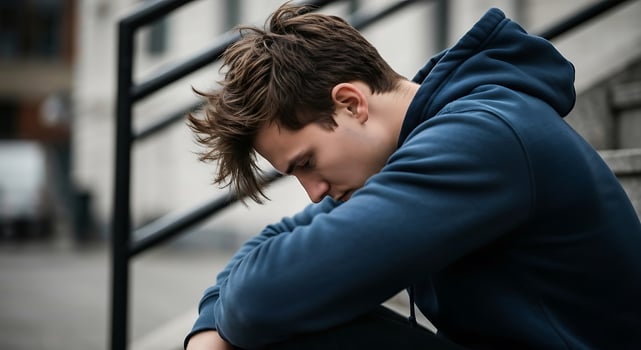Sad teenager sitting alone outdoors with head down in blue hoodie urban setting photo