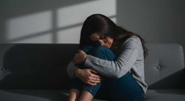 Woman sitting alone on gray sofa feeling sad and embracing knees in low light room photo