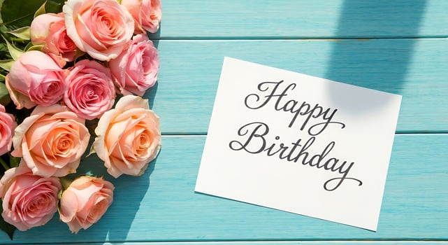 Pink Roses and Happy Birthday Card on Blue Wooden Table with Sunlight Shadows photo