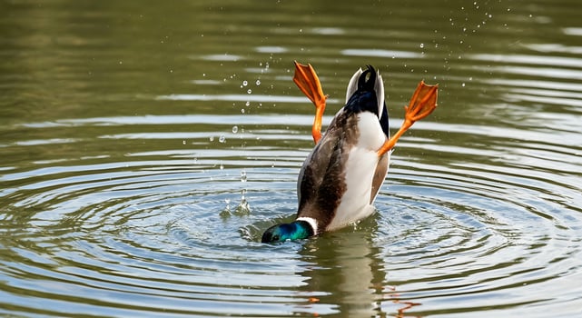 Wild duck diving underwater with tail up and splash in calm green rippled pond surface photo
