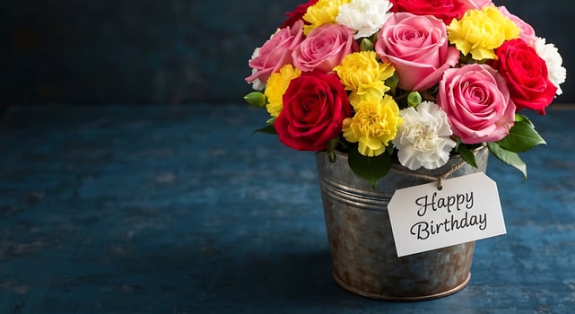 Beautiful vibrant bouquet of roses and carnations in rustic metal bucket with happy birthday tag photo