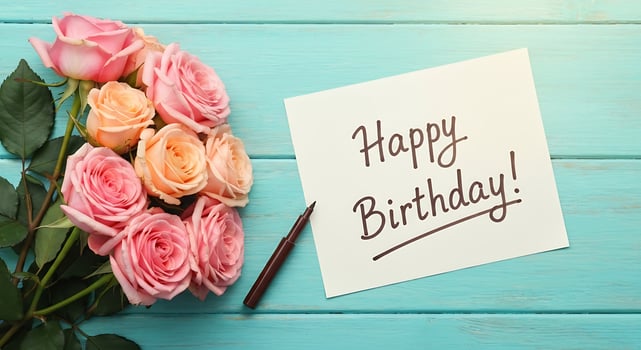 Bouquet of pink and peach roses with happy birthday card on rustic blue wooden background photo