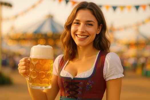 Smiling woman in traditional dress holding beer mug at outdoor festival photo
