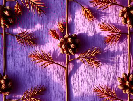 Stunning Autumnal Pine Cone Branch Arrangement on Purple Background photo