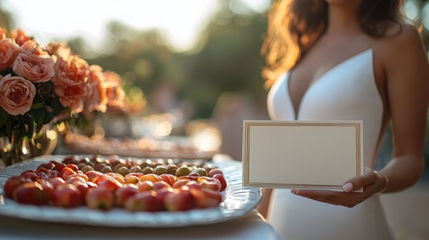 Elegant Female Holding Blanks Card at Outdoor Event with Fresh Fruits and Roses photo
