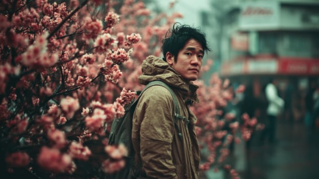 Man in front of cherry blossoms photo