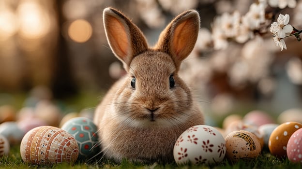 Adorable Easter Bunny Surrounded by Colorful Eggs Under Blossoming Flowers photo