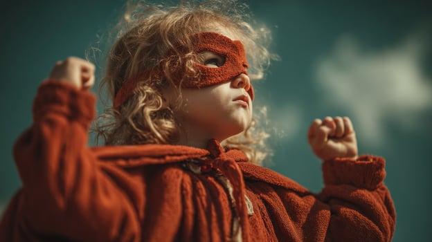 Brave Little Superhero in a Red Cape, Child Hero with Mask Embracing Imagination and Adventure photo