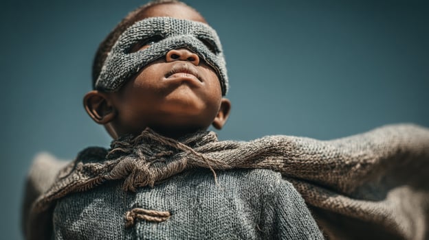 Brave Little Hero in a Knitted Superhero Costume with Cape Against a Blue Sky photo