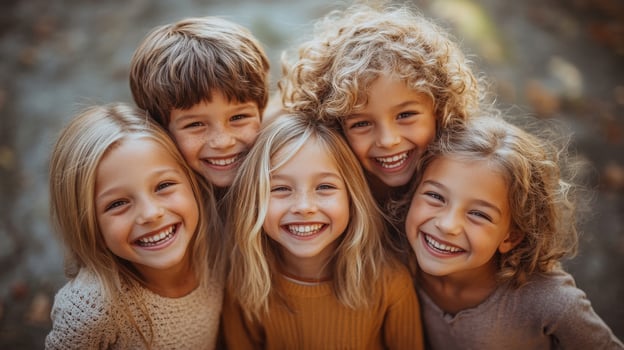Joyful Group of Children Smiling Outdoors in Autumn with Bright Expressions photo