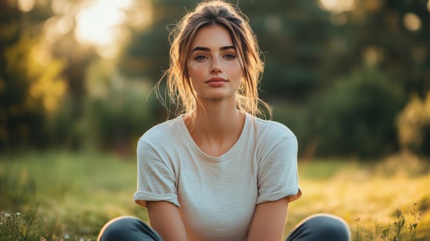 Young Woman Sitting in a Serene Meadow. Natural Light. Casual Outfit. Relaxed Mood photo