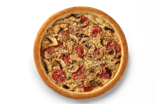 Delicious pizza with mushrooms, salami and grated cheese on white background photo