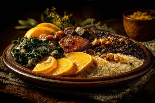 Photorealistic Brazilian Feijoada Platter with Rice and Oranges photo