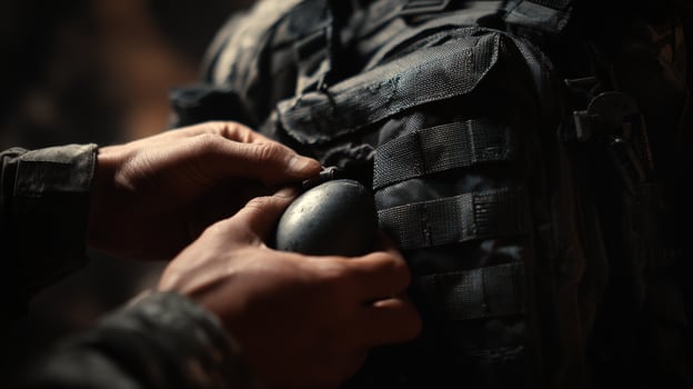 First-Person View of Loading Flashbang into Tactical Pouch in Dark Building photo
