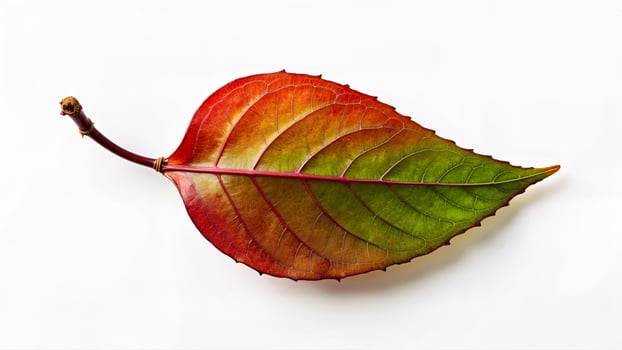 Single fresh apple leaf with red and green colors, isolated on a white background. Suitable for botanical, food, or nature-related visual projects . photo