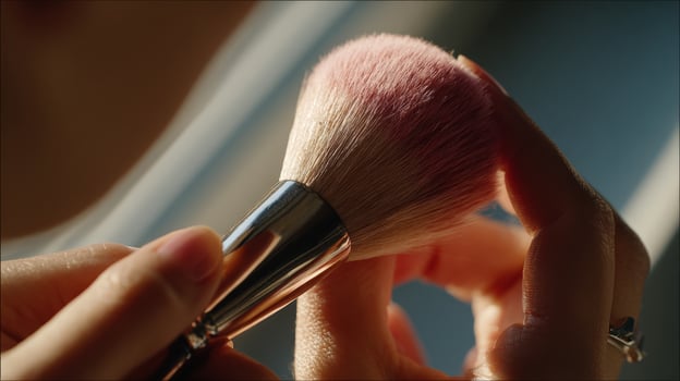 First-Person View of Applying Blush with Soft Makeup Brush in Natural Light photo