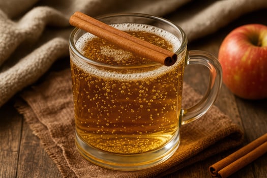 Warm spiced apple cider with cinnamon in glass mug on rustic wooden table photo